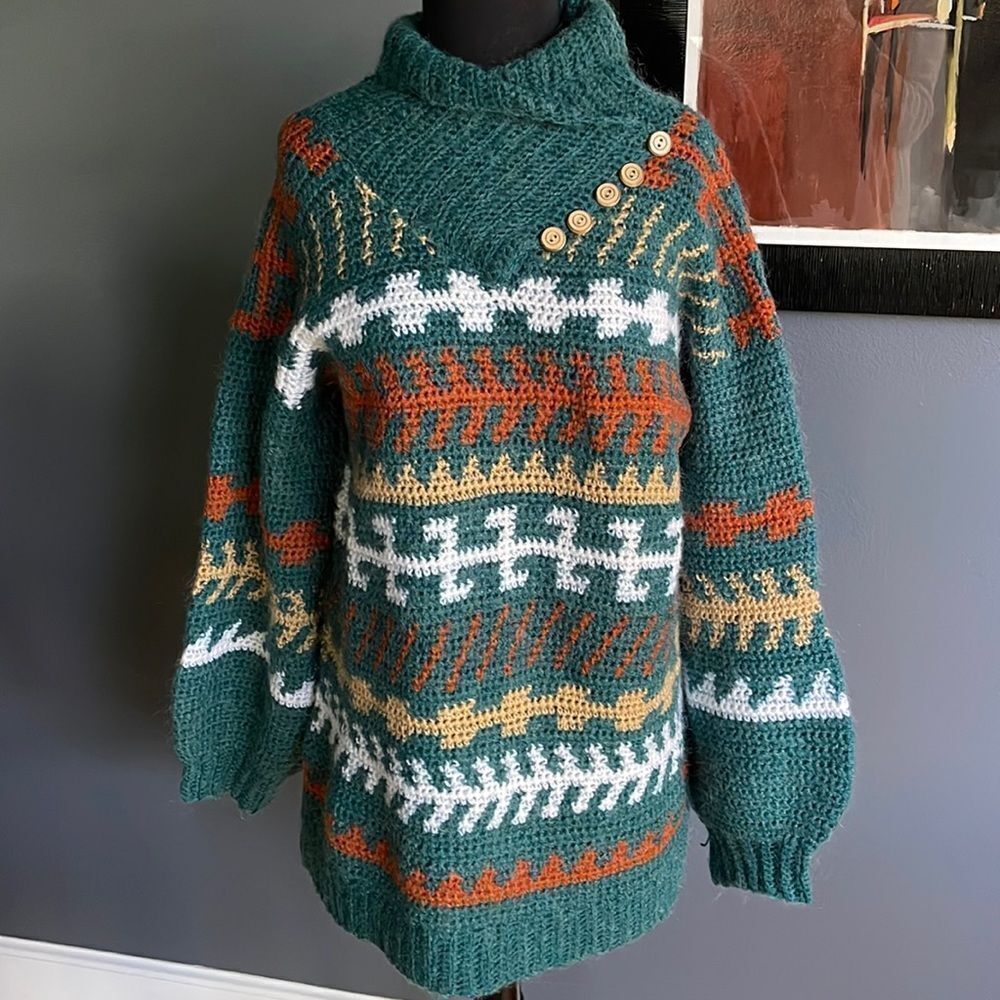 Green Patterned Turtleneck Button-Shoulder Sweater